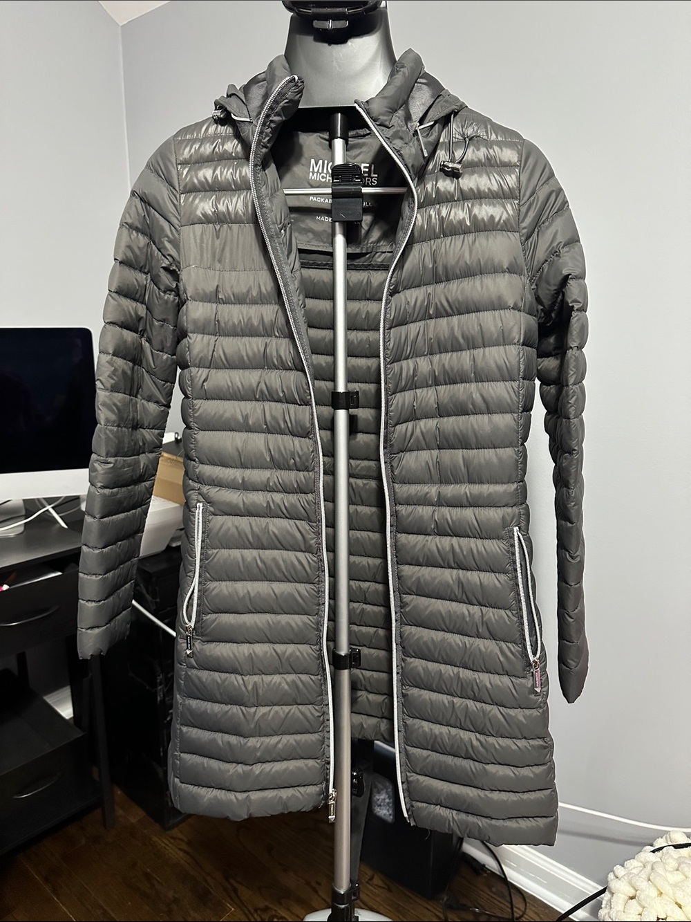 Michael Kors Gray Quilted Packable Hooded Puffer Coat